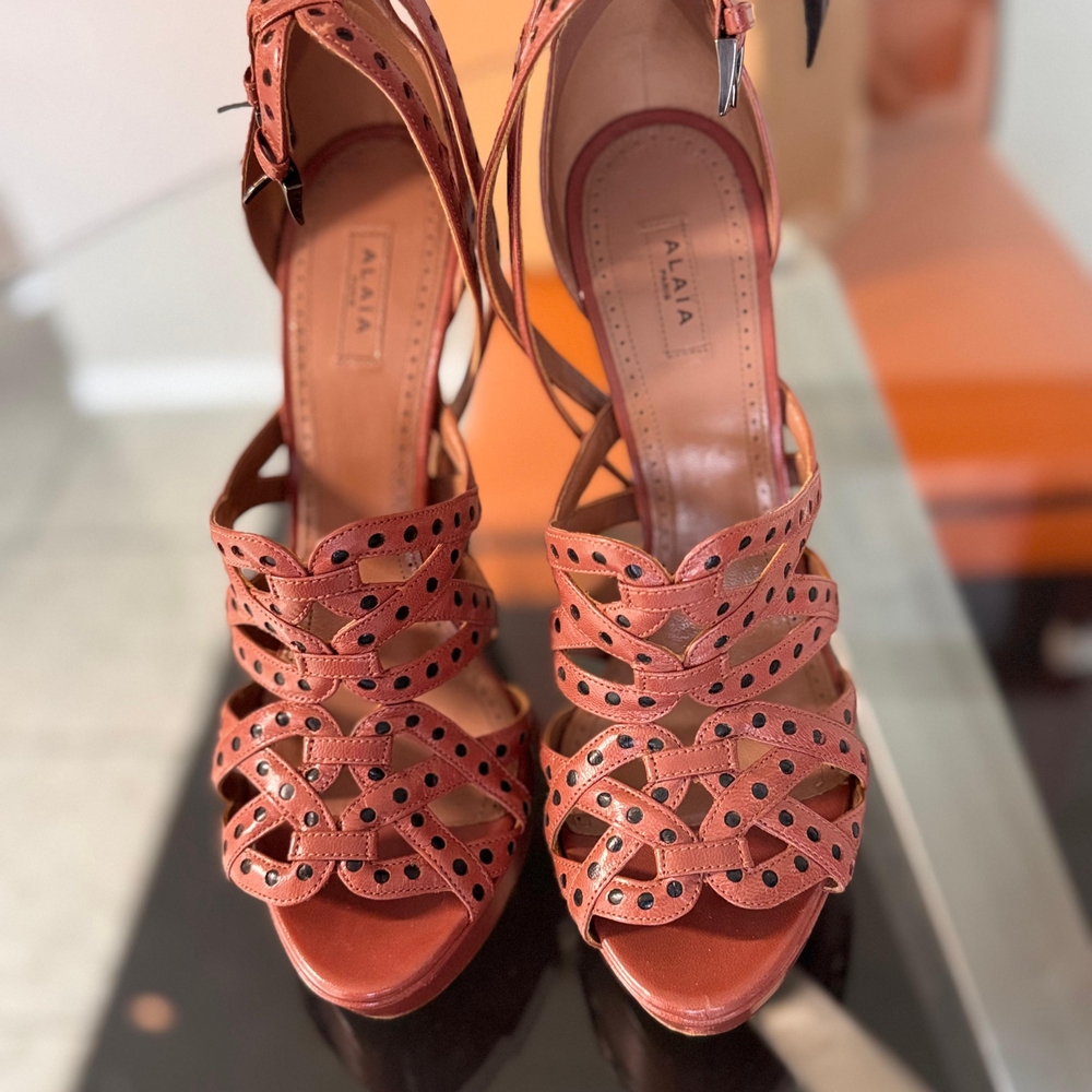 Alaia Coral Strappy Heels with Black Accents